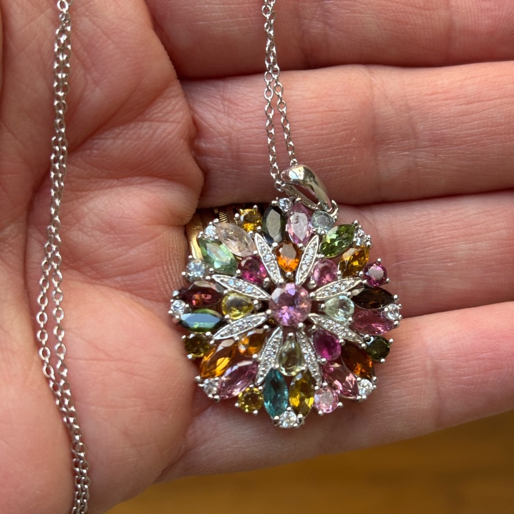 Multi-Color Tourmaline Gemstone Floral Pendant 18 Inch Necklace - Unbranded